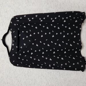 Black V-neck Blouse with White Floral and Elastic Sleev